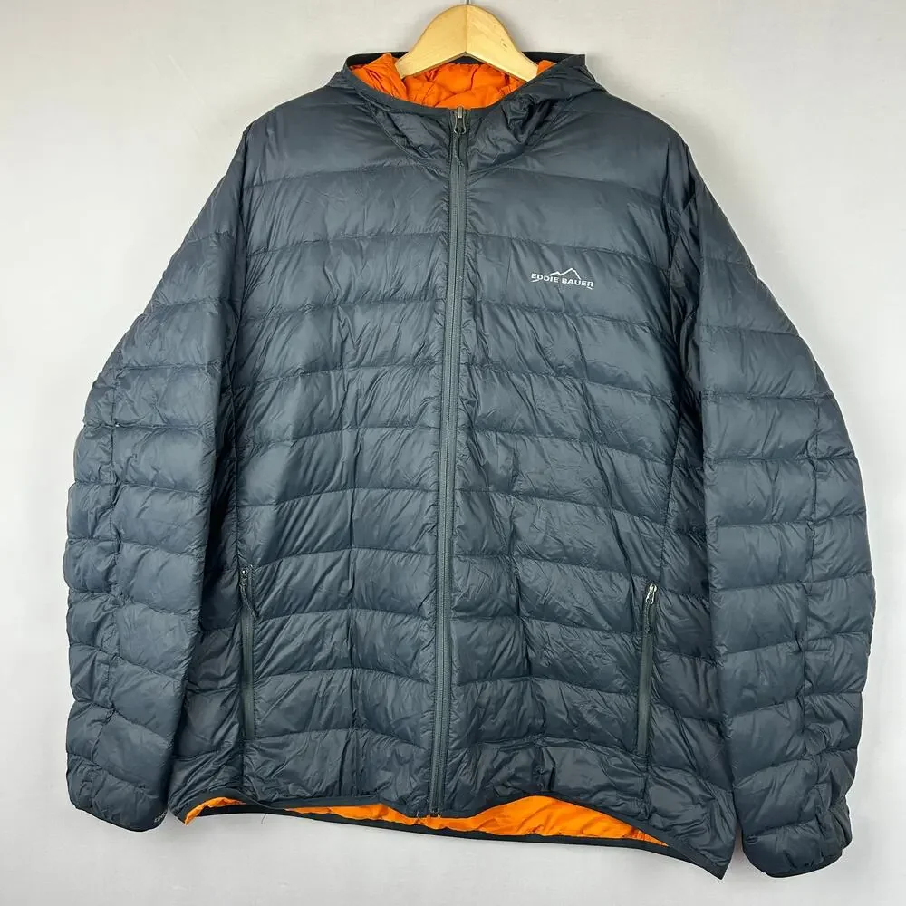 Eddie Bauer Down Puffer Jacket Gray/Orange Hooded Full Zip Men's Size XXL